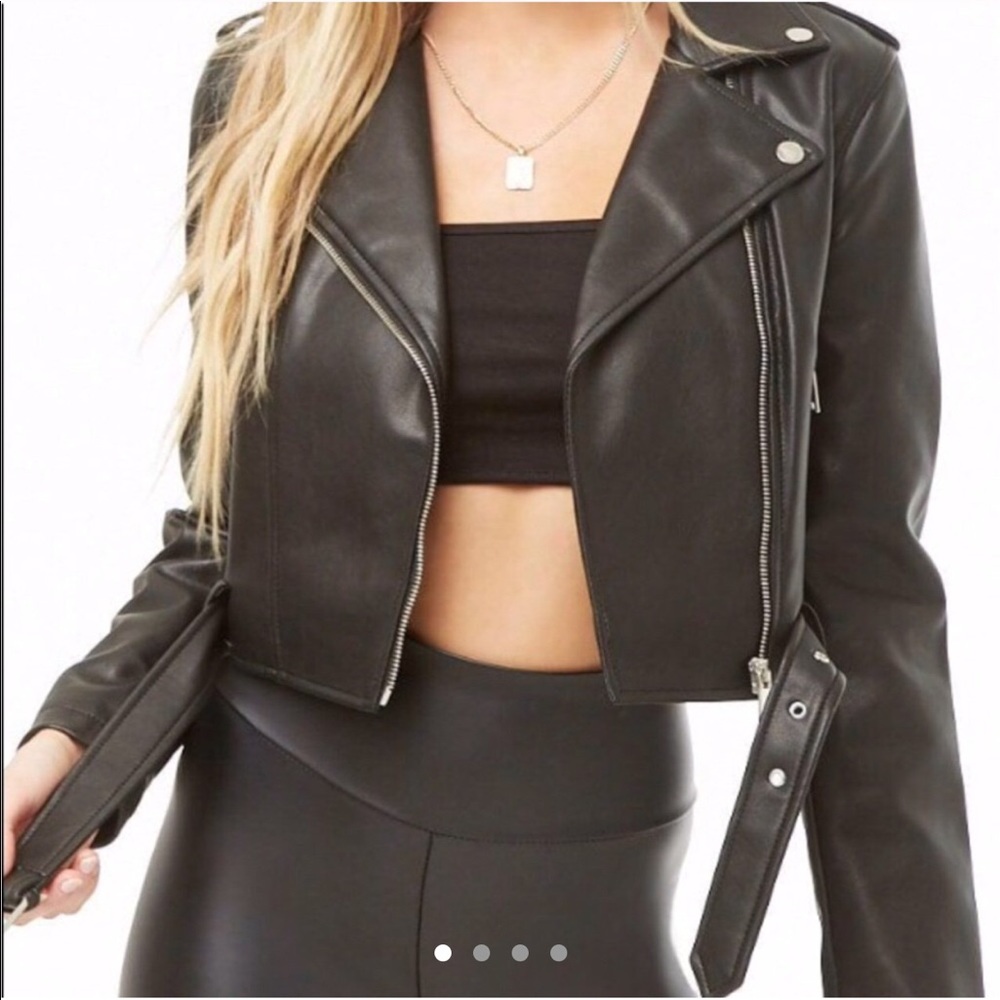 F21 Cropped Black Faux Leather Moto Jacket, Size:S